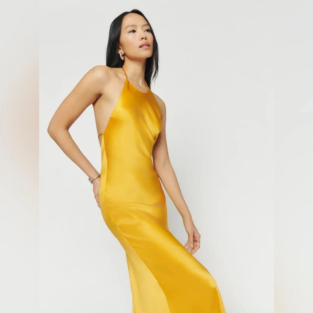 Reformation Jeany Silk Dress Tumeric Size Large NWT - Picture 6 of 16